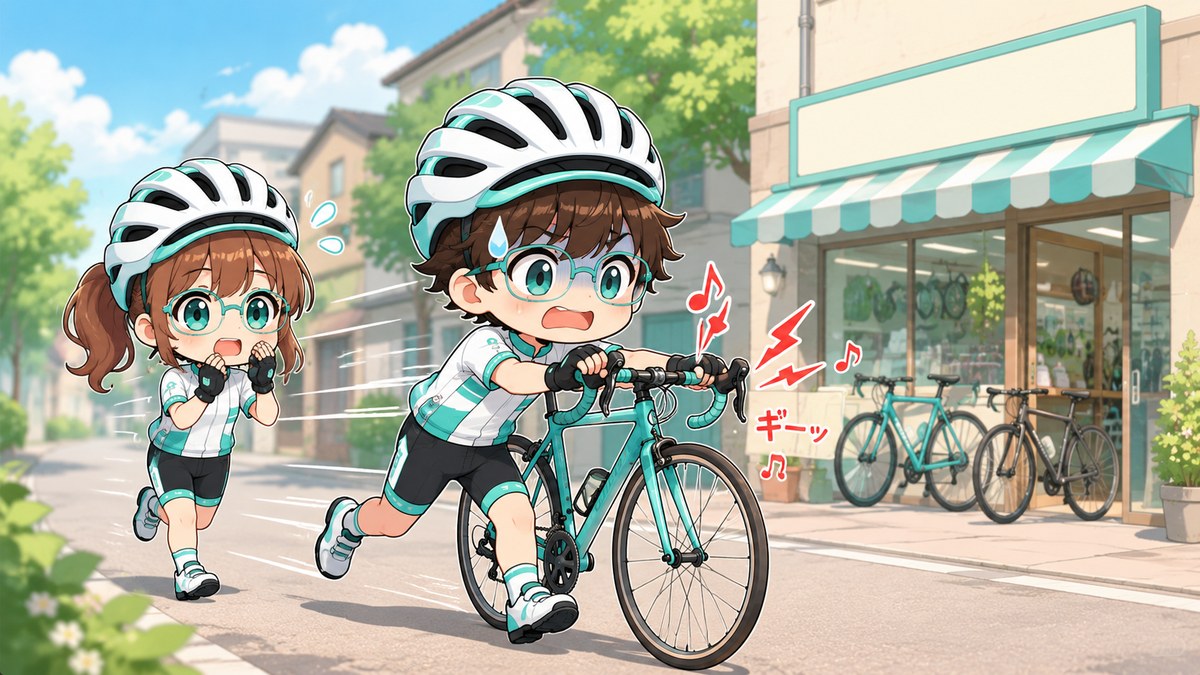 洗車のあとブレーキから異音が鳴り、青ざめた顔で自転車を押して自転車店へ駆け込んでいるイラスト。ブレーキ部分から赤いギザギザの効果音記号が出ている