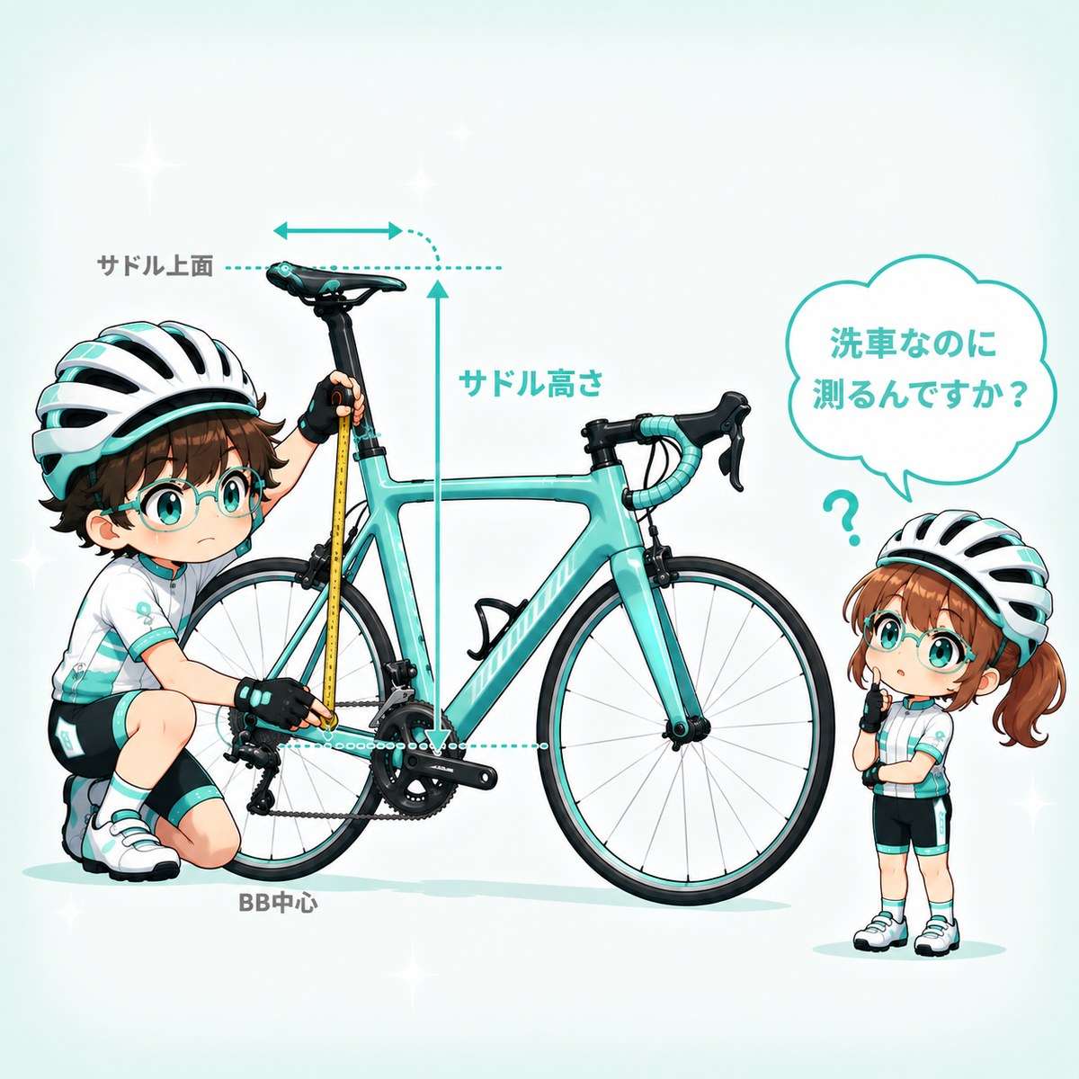 メジャーでサドルの高さを測っているイラスト。BB中心からサドル上面までの距離が点線と矢印で示されている