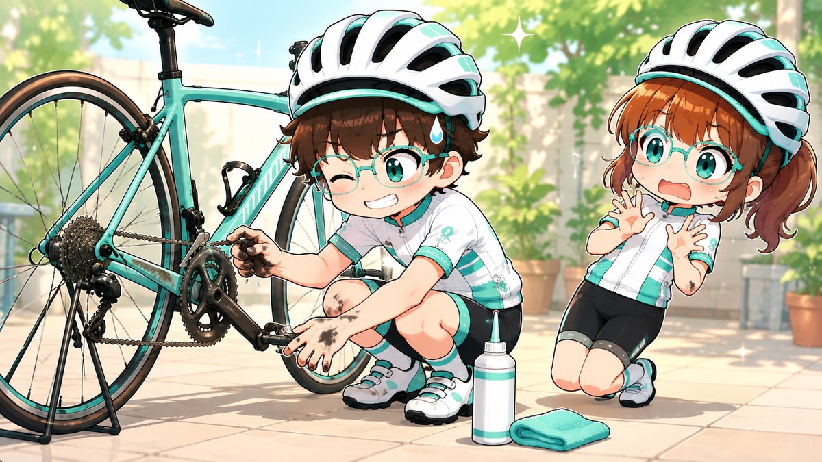 注油したあとのチェーンを素手の指でつまんで馴染ませているイラスト。指先が真っ黒に汚れていて、隣で驚いた顔をしている