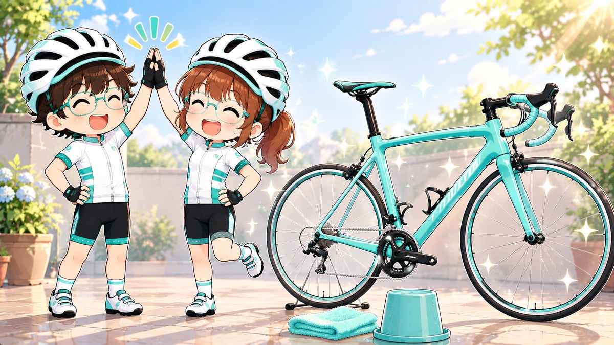 洗車を終えてピカピカになったロードバイクの横で、2人が笑顔でハイタッチしているイラスト