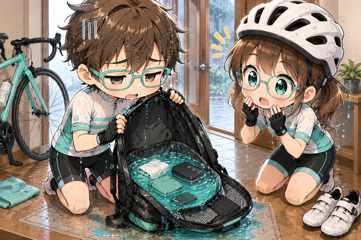 土砂降りの雨のあと、リュックを開けたら底に水が溜まっていた場面のイラスト