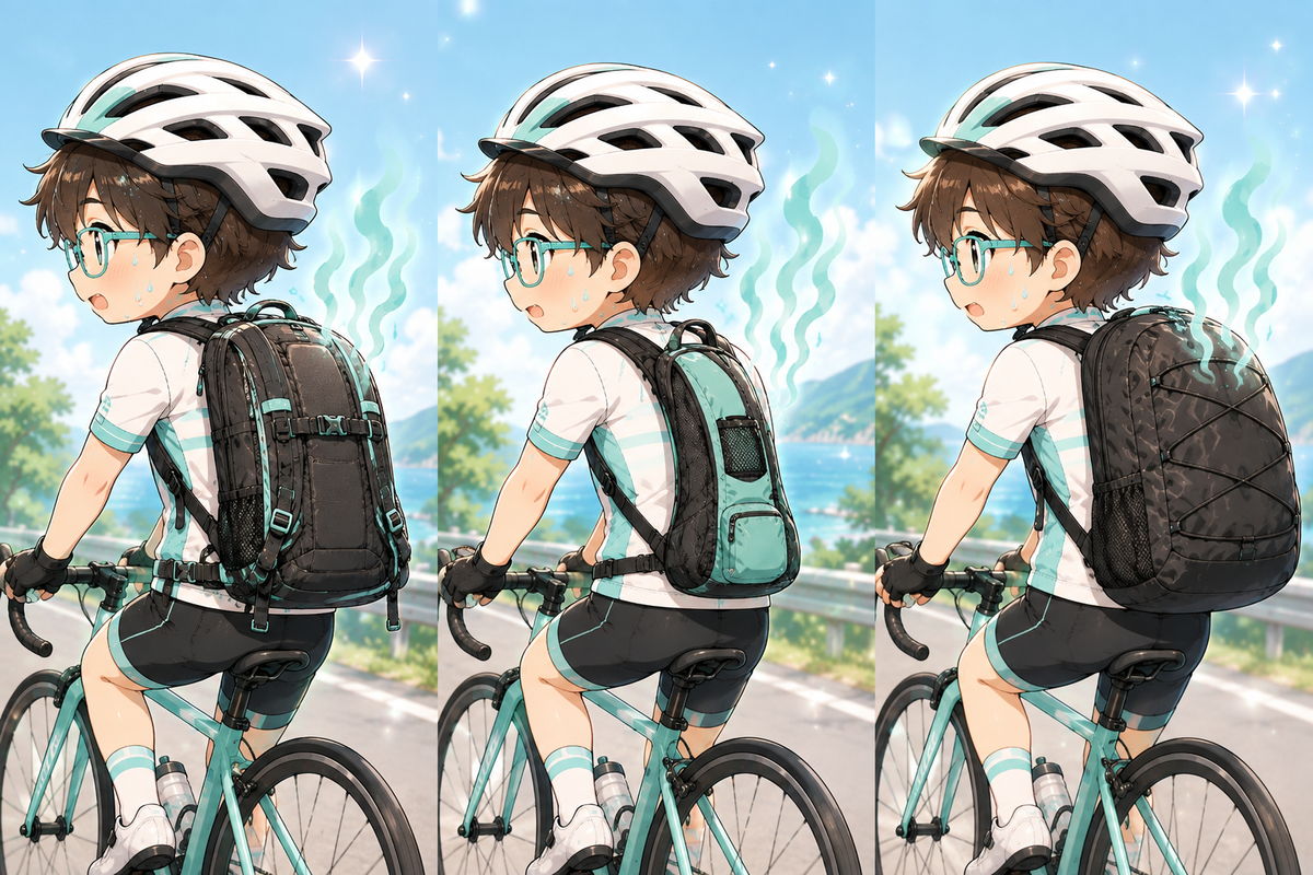 どんなリュックを背負っても背中が蒸れることを示した図解。3種類のリュックすべてから湯気が出ている