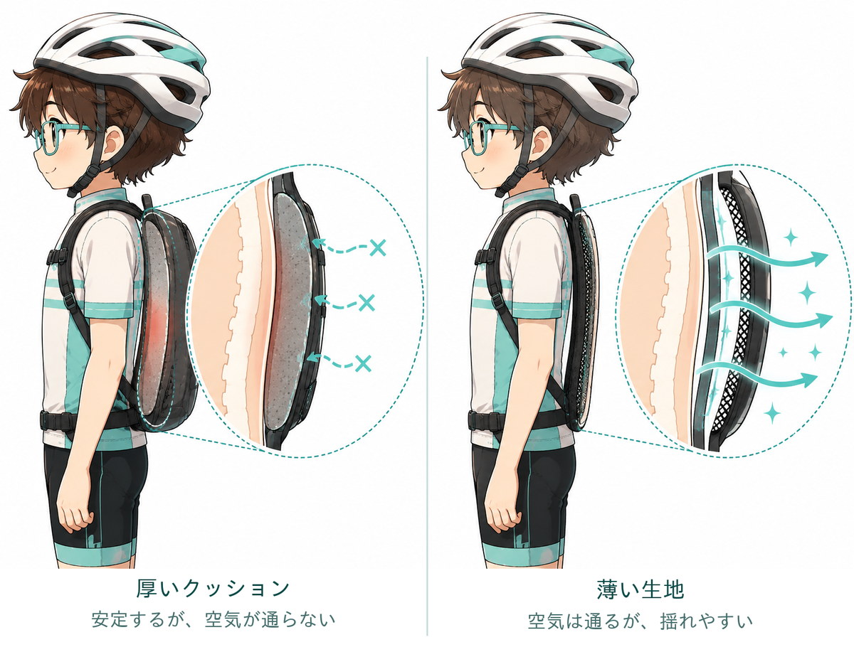 背中とリュックの断面図。クッションが厚いほど密着して空気の通り道がなくなることを示した図