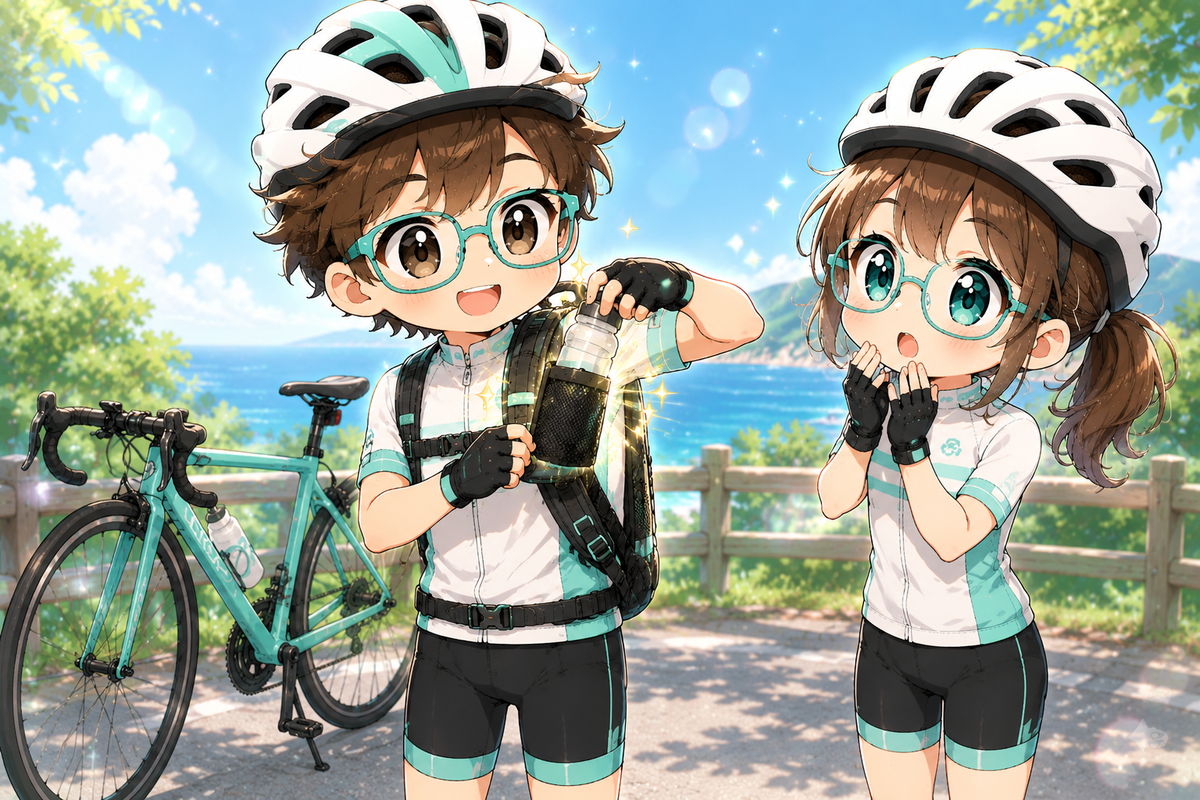 リュックを背負ったまま、肩ベルトのポケットからボトルを取り出しているイラスト。背中から下ろさなくても手が届く
