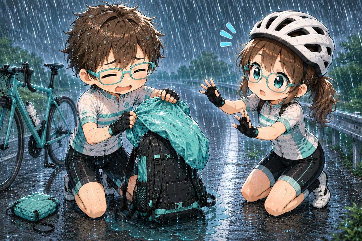 ゲリラ豪雨の中でレインカバーを装着しようとしているが、すでにずぶ濡れになっている場面のイラスト