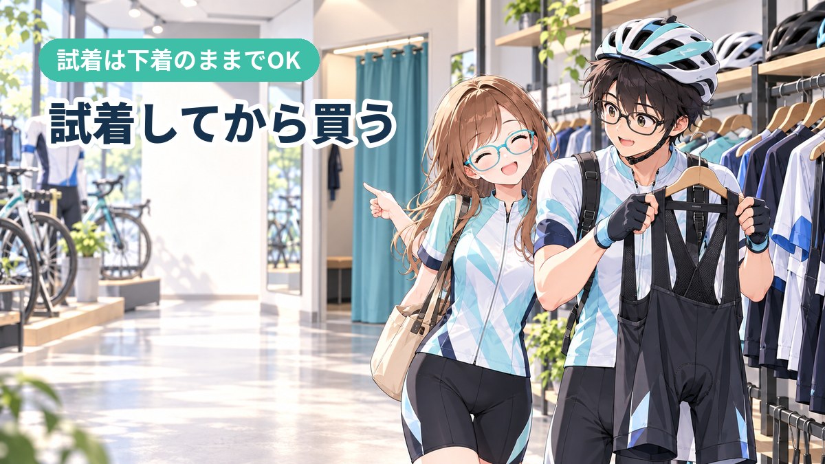 サイクルショップでビブショーツを手に取る2人