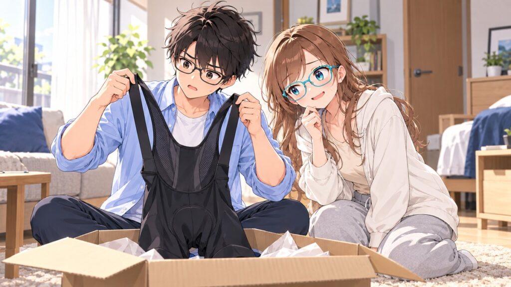 通販で届いたビブショーツが小さくて困っている様子